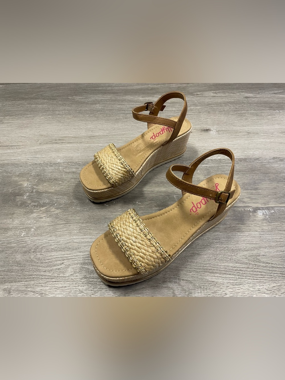 Jellypop Monaco Beige Raffia Woven Wedge Sandals Size 8.5M Ankle Strap Platform